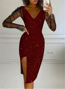Chic Evening Dress with Sheer Sleeves and Side Slit