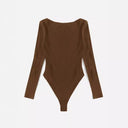 Women's Ribbed Long Sleeve Bodysuit with Deep U-Neck Design