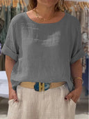 Women’s Linen Blouse with Rolled Sleeves - Relaxed Fit Style