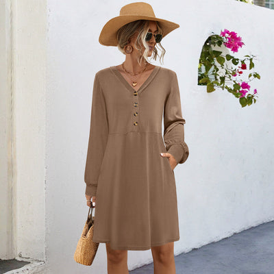 Women's Button Placket Dress with Side Pockets