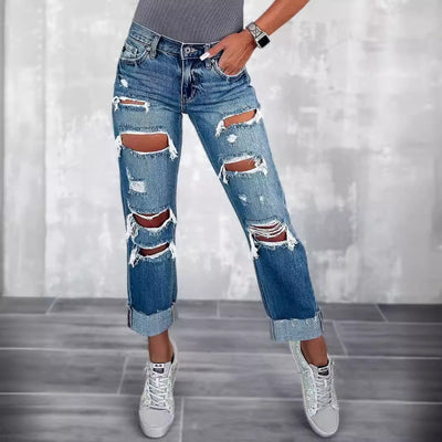 High-Waist Destroyed Boyfriend Jeans for Women