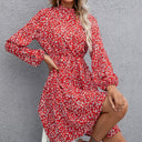 Floral Midi Dress with High Neck and Belt