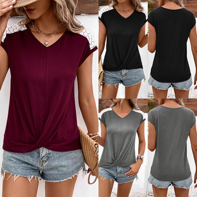 Chic Women's V-Neck T-Shirt with Lace Trim & Wrap Design