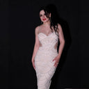 Chic Midi Dress with Unique Cut-Out Design and Artistic Pattern