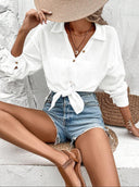 Chic Women's Button-Down Blouse with Waist Tie