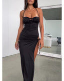Chic Ladies' Maxi Dress with V-Neck & Side Lacing