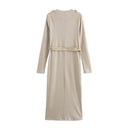 Chic Women's Long Sleeve Dress with Belt and Shoulder Accents