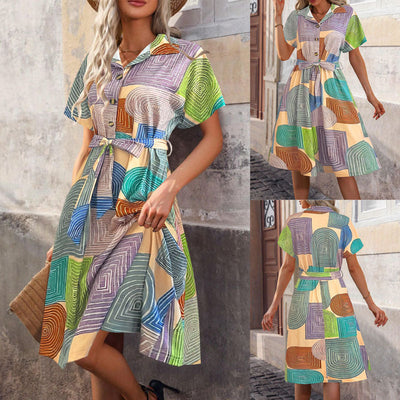 Chic Geometric Print Women's Dress with Tie Belt