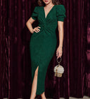 Chic Midi Dress with Puff Sleeves and Side Slit