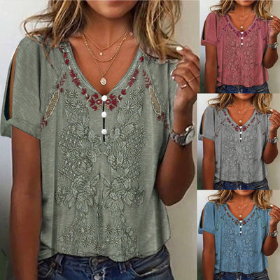Floral Embroidered Women's Short Sleeve Blouse with Button Accents