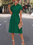 Chic Knee-Length Shirt Dress with Waist Belt and V-Neck Design
