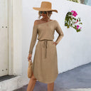 Chic Off-Shoulder Dress with Elastic Waist and Long Sleeves