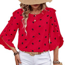 Chic Heart Pattern Blouse with Ruffle Accents