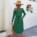 Chic Off-Shoulder Dress with Elastic Waist and Long Sleeves