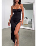 Chic Ladies' Maxi Dress with V-Neck & Side Lacing