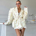 Floral Design Women's Blazer Jacket with Waist Belt