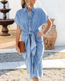 Chic Denim Shirt Dress with Wrap Belt & Dropped Shoulders