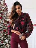 Chic Bow Collar Floral Blouse for Women