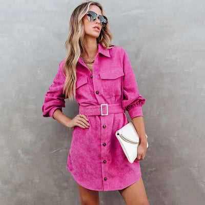 Chic Women's Corduroy Dress with Belt