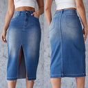 Chic Denim Midi Skirt with Side Slit & Frayed Hem