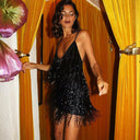 Glamorous Sequin Mini Dress with V-Neck and Fringed Design