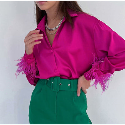 Chic Satin Blouse with Feather Accents