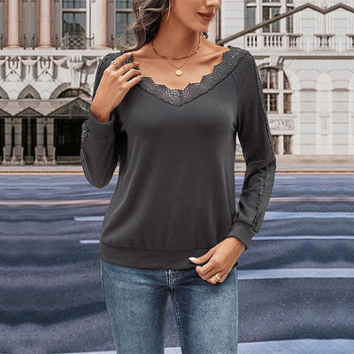 Chic Long Sleeve Blouse with Lace Trim