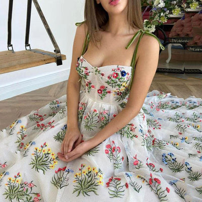 Embroidered Floral Midi Dress with Removable Straps