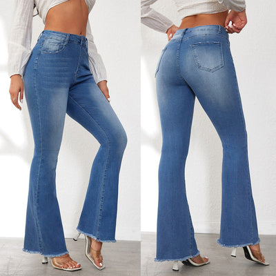 Chic High-Waisted Flared Jeans with Trendy Fringes