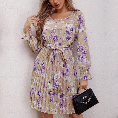 Floral Ruffle Women's Blouse Dress with Waist Belt