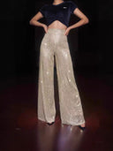 Women's Glossy Wide Leg Pants with Shimmering Detail