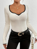 Stylish Women's V-Neck Long Sleeve Bodysuit with Textured Detail