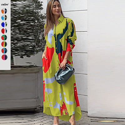 Trendy Women's Long Sleeve Graphic Shirt Dress with Pockets