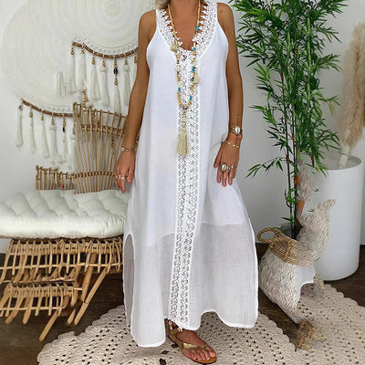 Ladies Maxi Beach Dress with Lace Trim and Slits