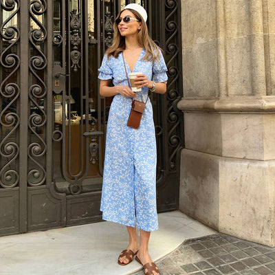 Floral V-Neck Midi Dress with Ruffle Accents