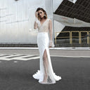 Chic High Slit Evening Gown with Sheer Top and Pearl Accents