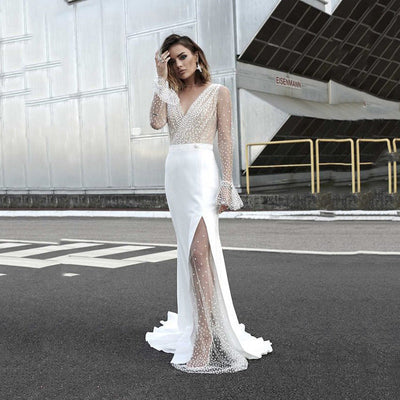 Chic High Slit Evening Gown with Sheer Top and Pearl Accents