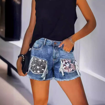 Embroidered Denim Shorts for Women with Frayed Hem