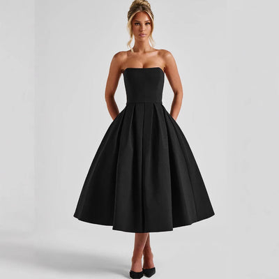 Chic Midi Dress with Flowy Skirt and Bandeau Neckline