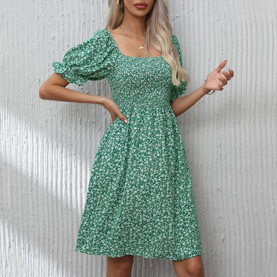 Floral Puff Sleeve Dress with Elastic Waist