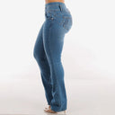 Women's High-Waist Bootcut Jeans with Chic Button Accents