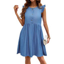 Ruffled Shoulder Women's Dress with Button Placket