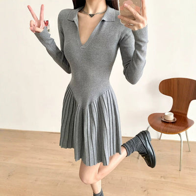 Chic Women's Long Sleeve Pleated Dress