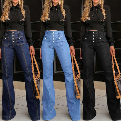 High-Waisted Flared Jeans with Stylish Button Accents