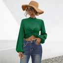 Women's Long Sleeve Blouse with Knot Design and Billowy Sleeves