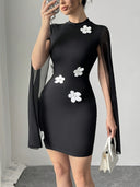 Floral Appliqué Women's Dress with Sheer Sleeves