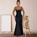 Women’s Long Sleeve Floral Jacquard Evening Dress with Chic Back Cutout