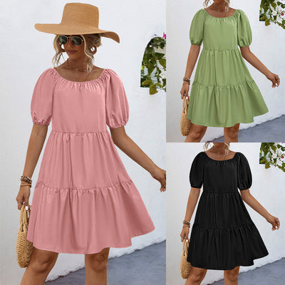 Chic Women's Dress with Stylish Puff Sleeves and Flowy Skirt