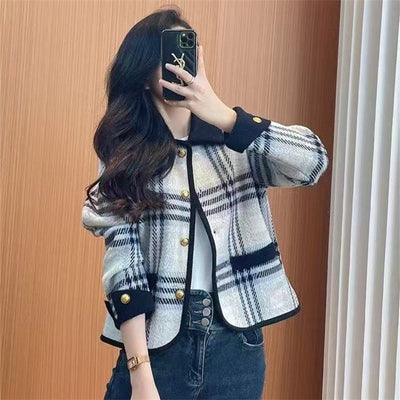 Checked Blazer Jacket for Women with Removable Pockets & Button Accents