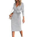 Chic Women's Wrap Dress with Stylish Waistline and Trumpet Sleeves
